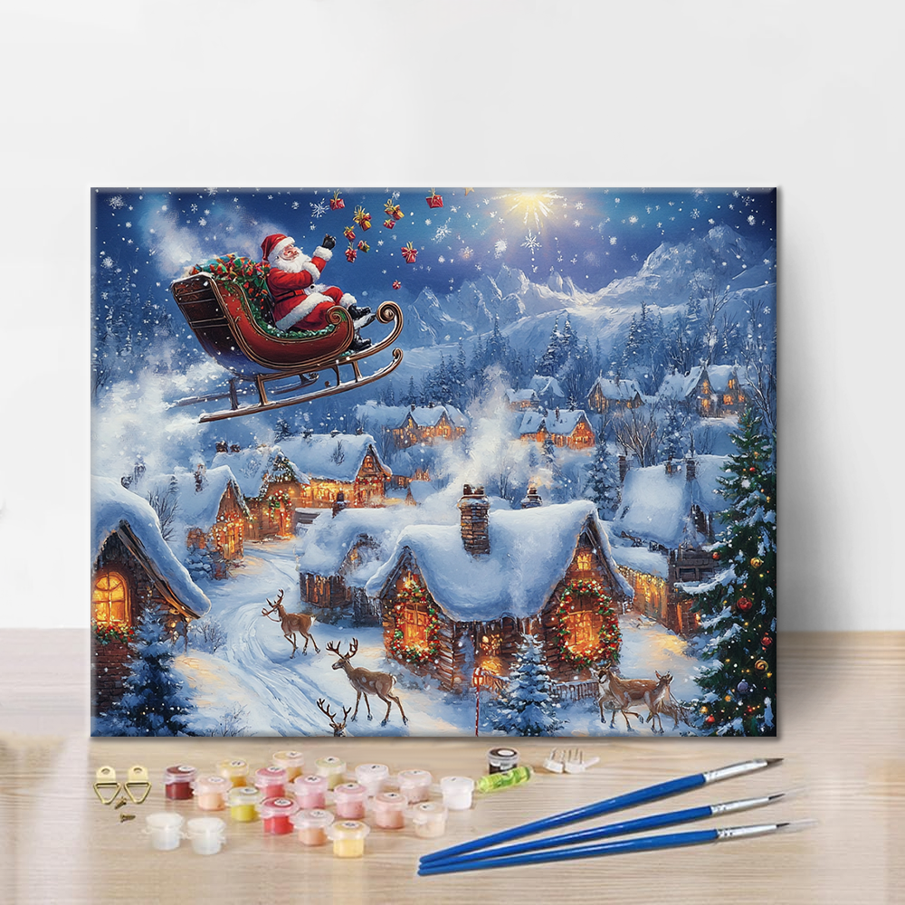 Weihnachtsmanns Winterflug – Malen nach Zahlen