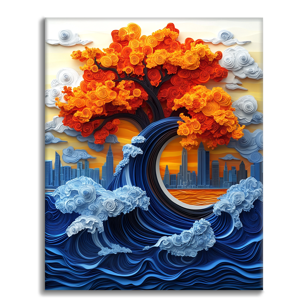 Roter Baum am Meer - Malen nach Zahlen