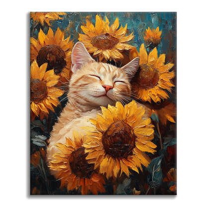 Katze mit Sonnenblumen - Malen nach Zahlen