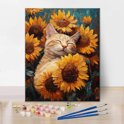 Katze mit Sonnenblumen - Malen nach Zahlen