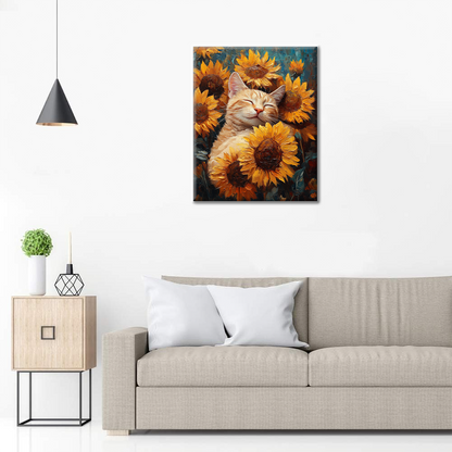 Katze mit Sonnenblumen - Malen nach Zahlen