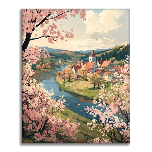 Frühlingsflussdorf - Malen nach Zahlen