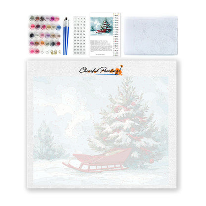 Weihnachtsbaum und Schlitten - Malen nach Zahlen