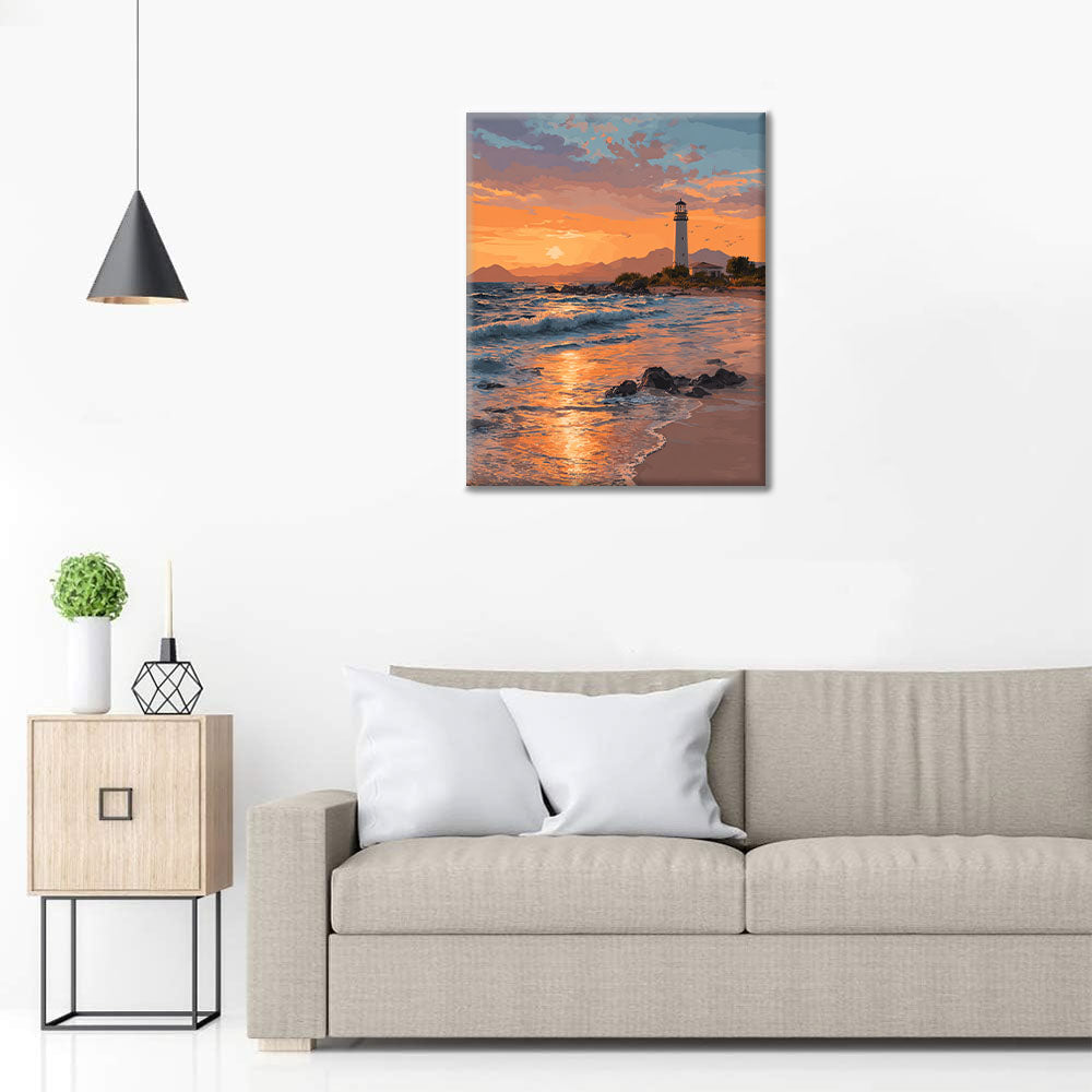 Leuchtturm bei Sonnenuntergang - Malen nach Zahlen