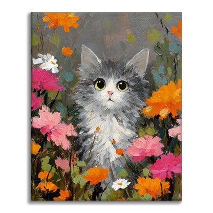 Eine Katze zwischen den Blumen – Malen nach Zahlen