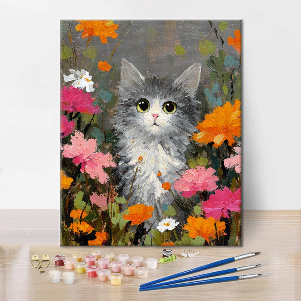 Eine Katze zwischen den Blumen – Malen nach Zahlen