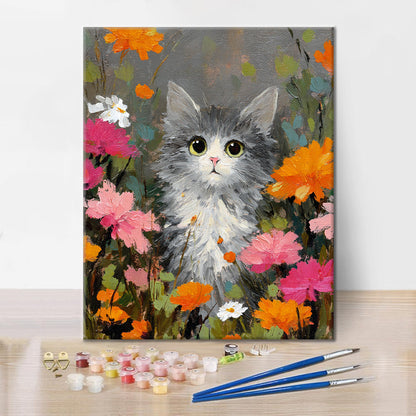 Eine Katze zwischen den Blumen – Malen nach Zahlen