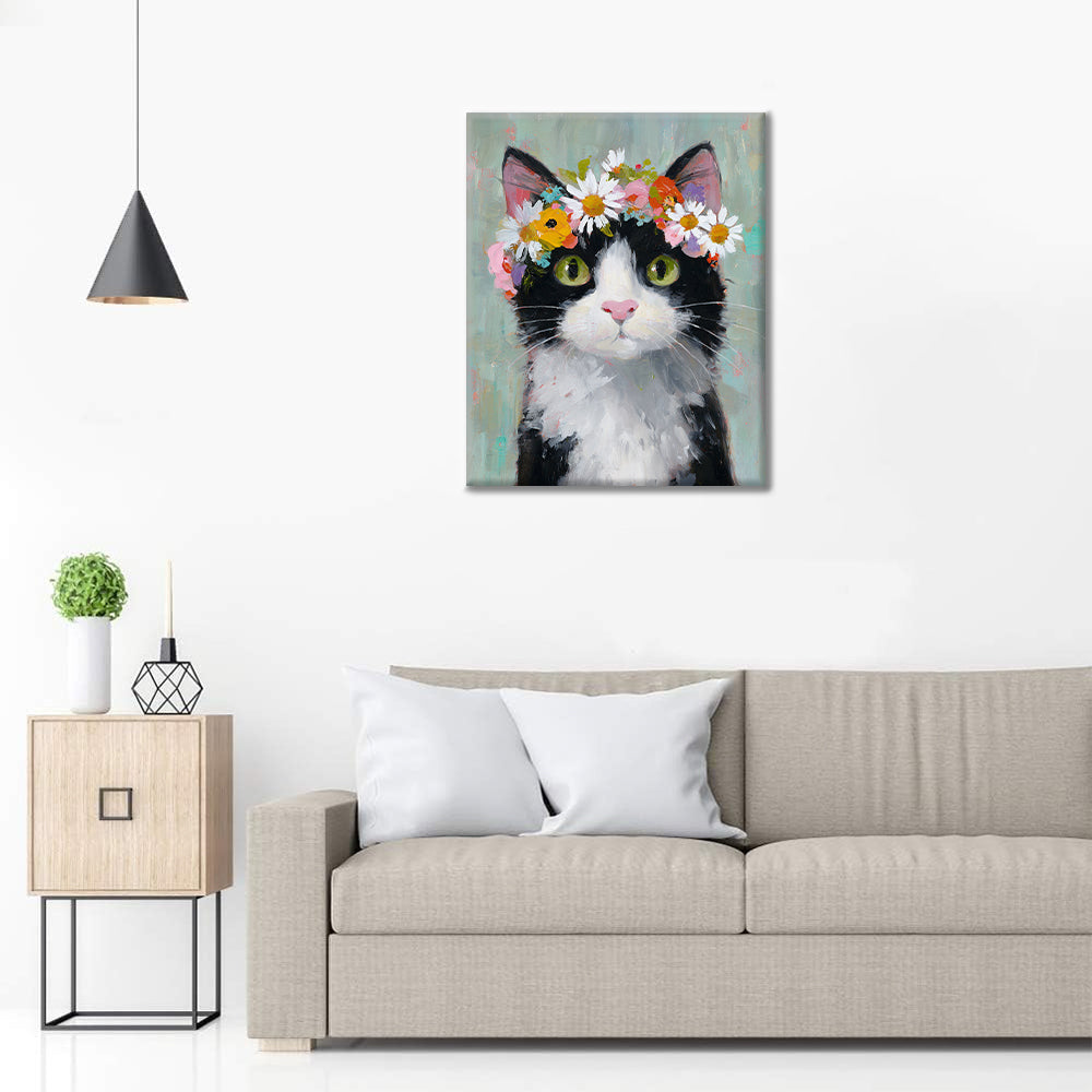 Eine Katze mit Blumenkranz – Malen nach Zahlen