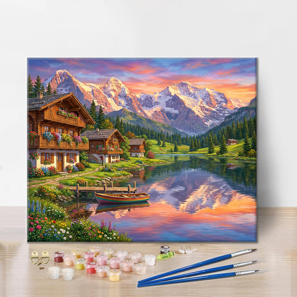 Schweizer Alpen-Sonnenuntergang – Malen nach Zahlen