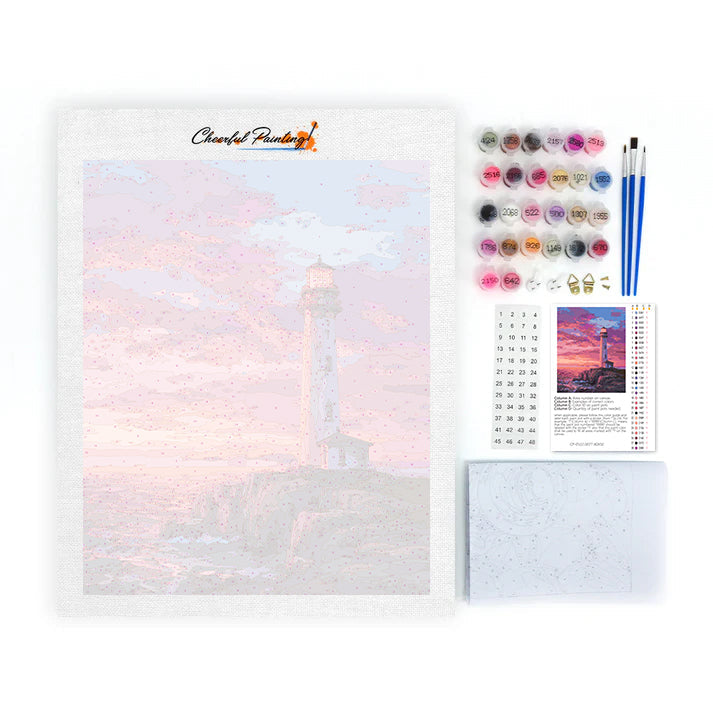 Leuchtturm am Meer bei Sonnenuntergang – Malen nach Zahlen