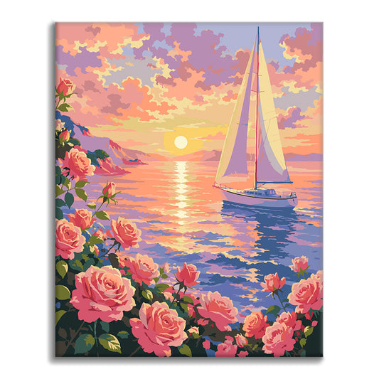 Blumenfeld im Sonnenuntergang – Malen nach Zahlen