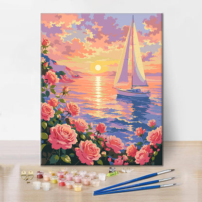 Blumenfeld im Sonnenuntergang – Malen nach Zahlen