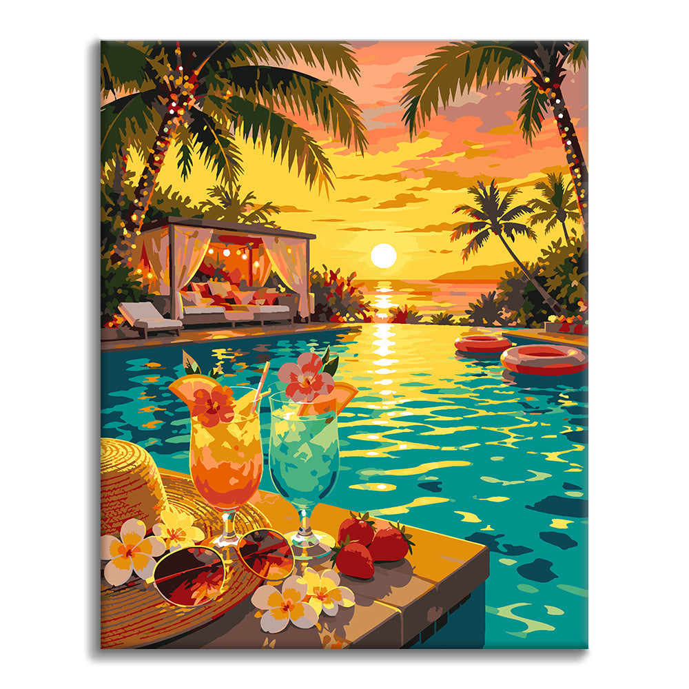Paradies am Pool bei Sonnenuntergang – Malen nach Zahlen