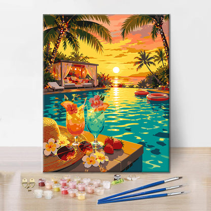 Paradies am Pool bei Sonnenuntergang – Malen nach Zahlen