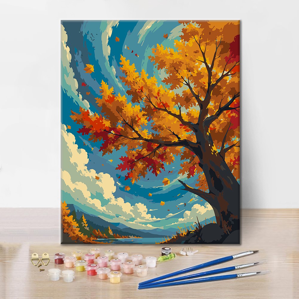 Herbstbaum unter blauem Himmel – Malen nach Zahlen