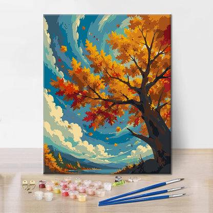 Herbstbaum unter blauem Himmel – Malen nach Zahlen