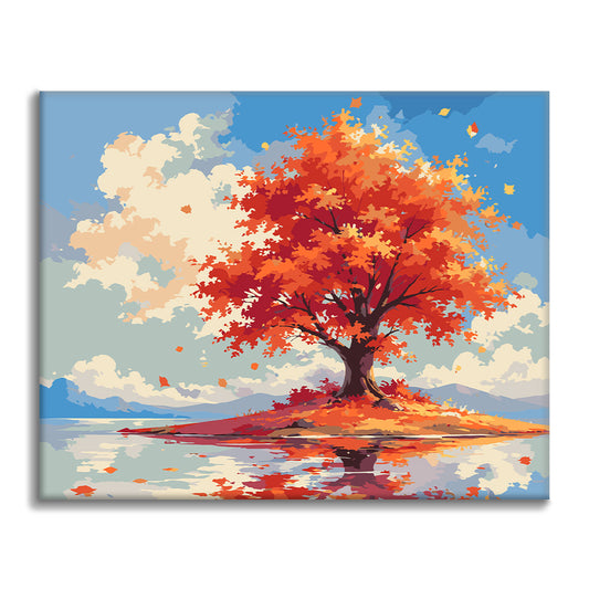 Einsamer Herbstbaum am Wasser – Malen nach Zahlen