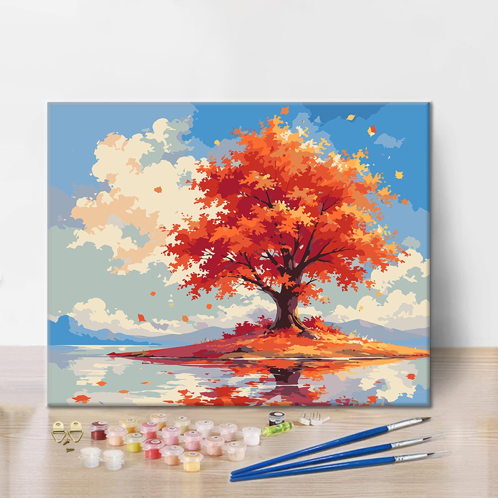Einsamer Herbstbaum am Wasser – Malen nach Zahlen