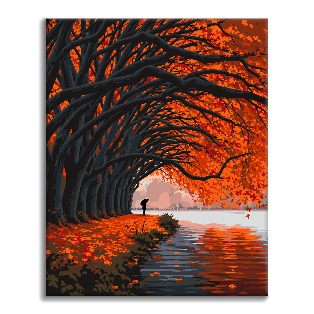Herbstlicher Baumtunnel am See – Malen nach Zahlen