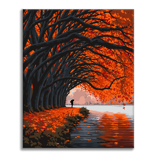 Herbstlicher Baumtunnel am See – Malen nach Zahlen