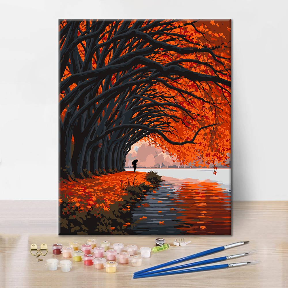 Herbstlicher Baumtunnel am See – Malen nach Zahlen