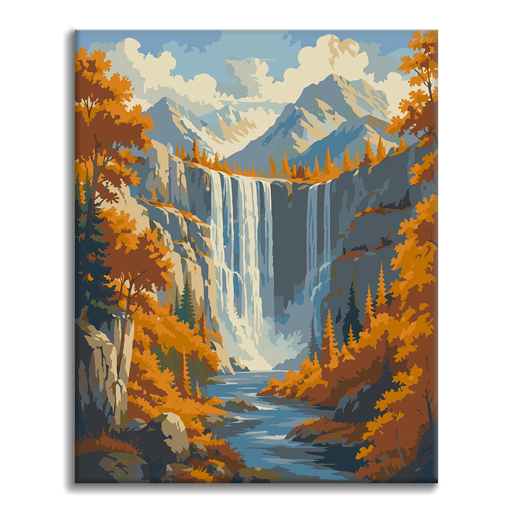 Wasserfall in den Herbstbergen – Malen nach Zahlen