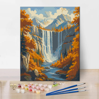 Wasserfall in den Herbstbergen – Malen nach Zahlen