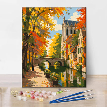 Herbstkanal und Kirchturm – Malen nach Zahlen