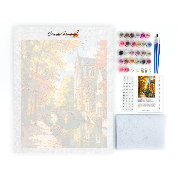 Herbstkanal und Kirchturm – Malen nach Zahlen