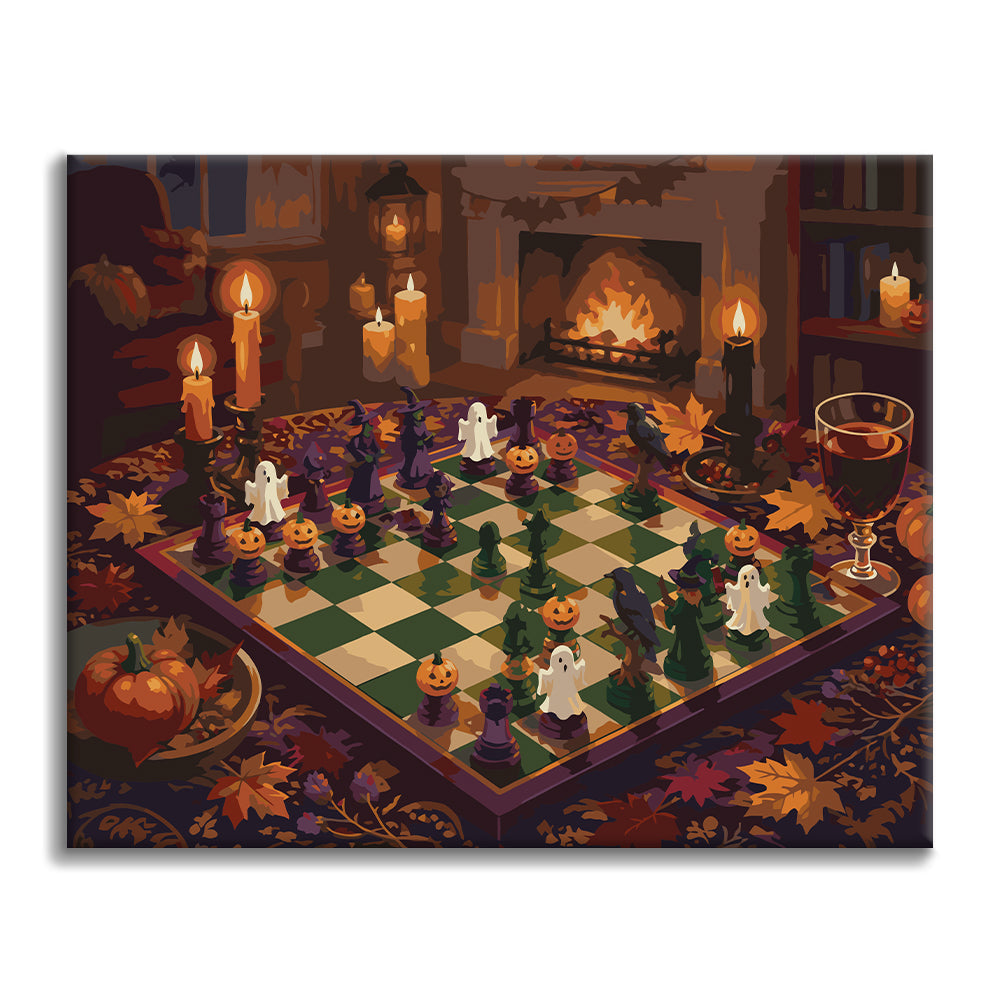 Halloween-Schach am Kamin – Malen nach Zahlen