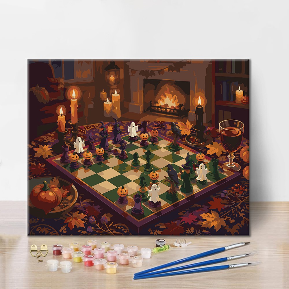 Halloween-Schach am Kamin – Malen nach Zahlen
