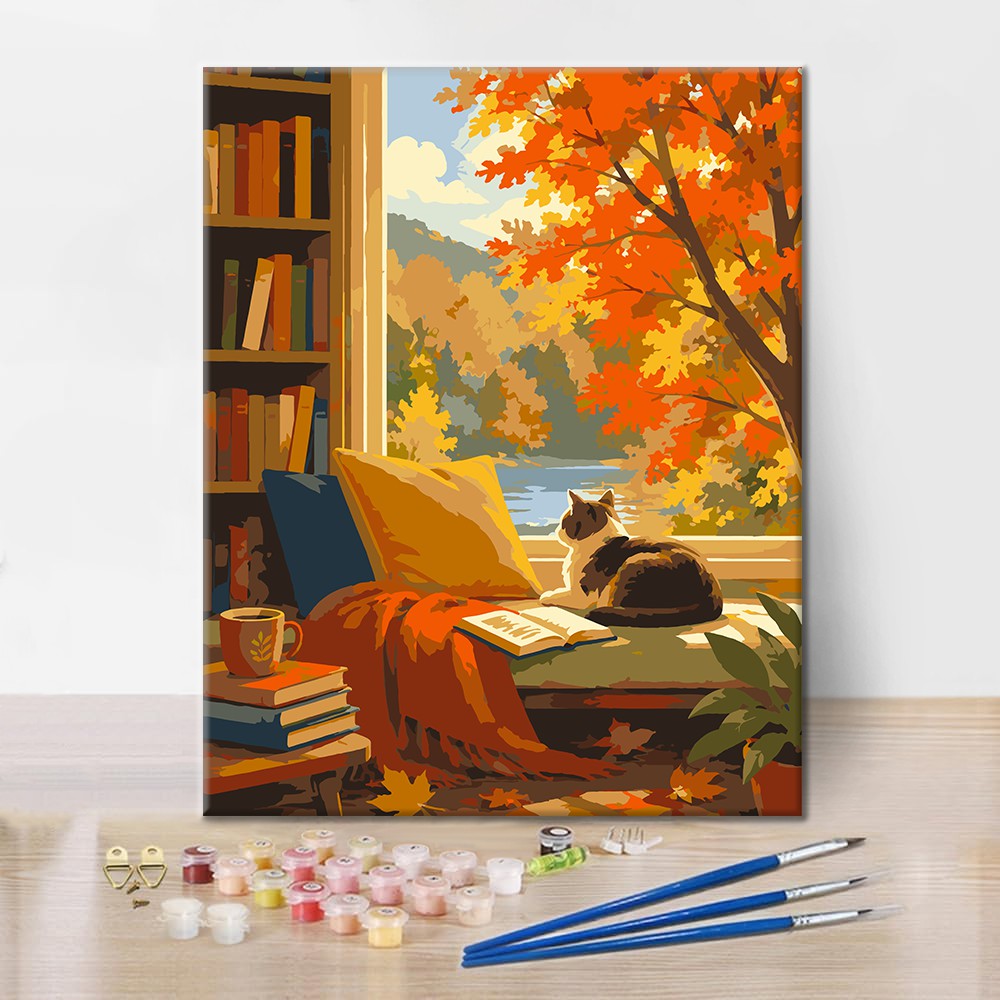 Katze in sonniger Leseecke – Malen nach Zahlen