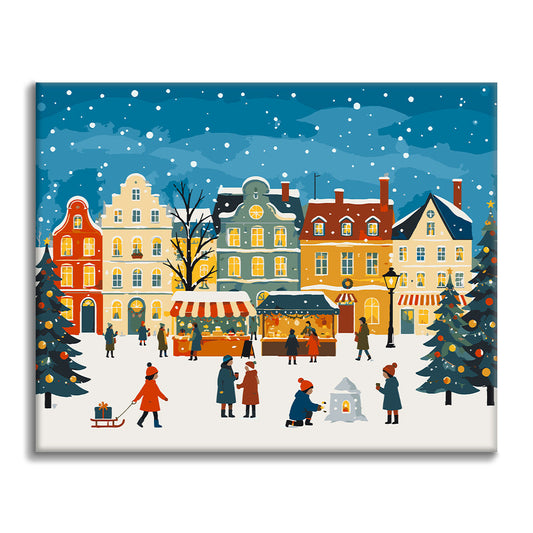 Verschneiter Weihnachtsmarktplatz – Malen nach Zahlen
