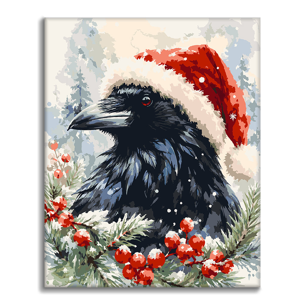Rabe mit Weihnachtsmütze – Malen nach Zahlen