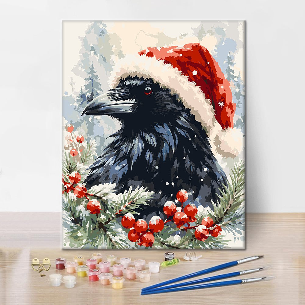 Rabe mit Weihnachtsmütze – Malen nach Zahlen