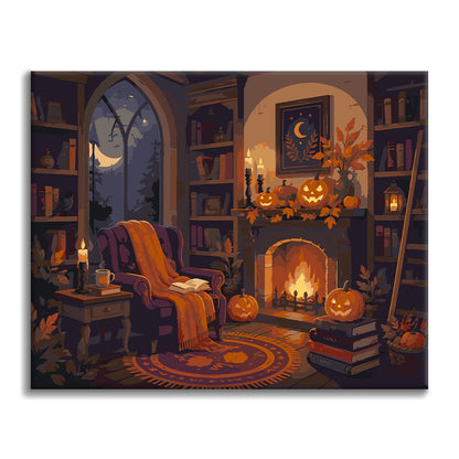 Gemütliche Halloween-Bibliothek – Malen nach Zahlen