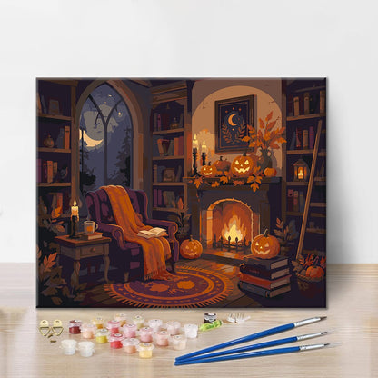 Gemütliche Halloween-Bibliothek – Malen nach Zahlen