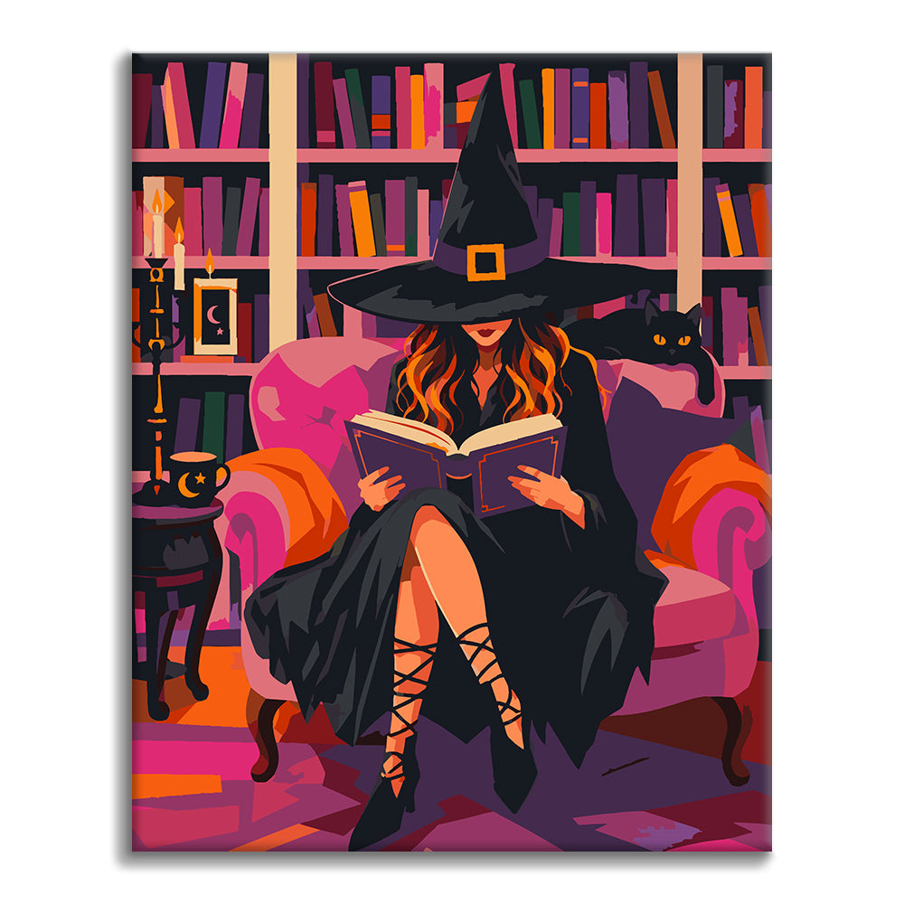 Hexe liest in rosa Bibliothek – Malen nach Zahlen