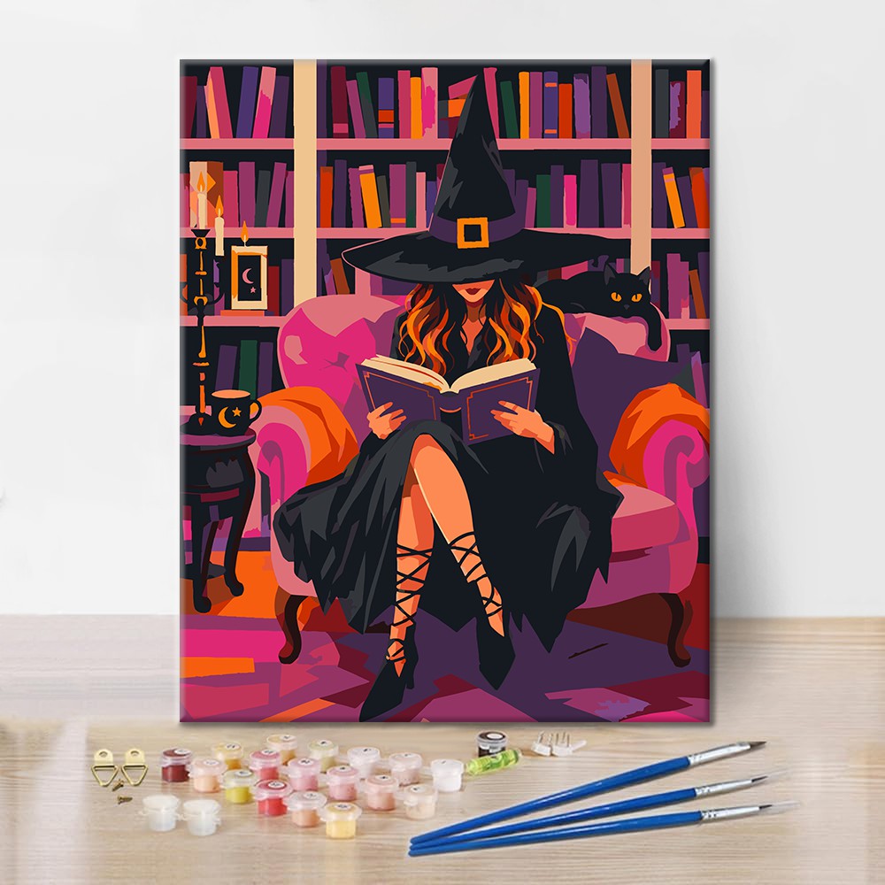 Hexe liest in rosa Bibliothek – Malen nach Zahlen