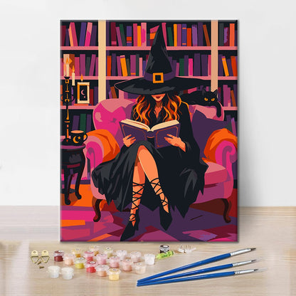 Hexe liest in rosa Bibliothek – Malen nach Zahlen