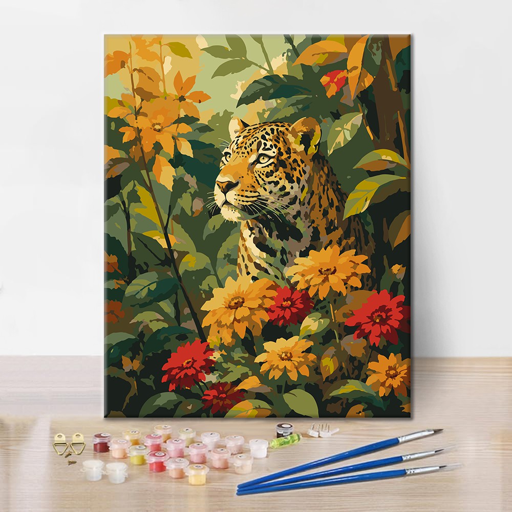 Leopard zwischen Tropenblumen – Malen nach Zahlen