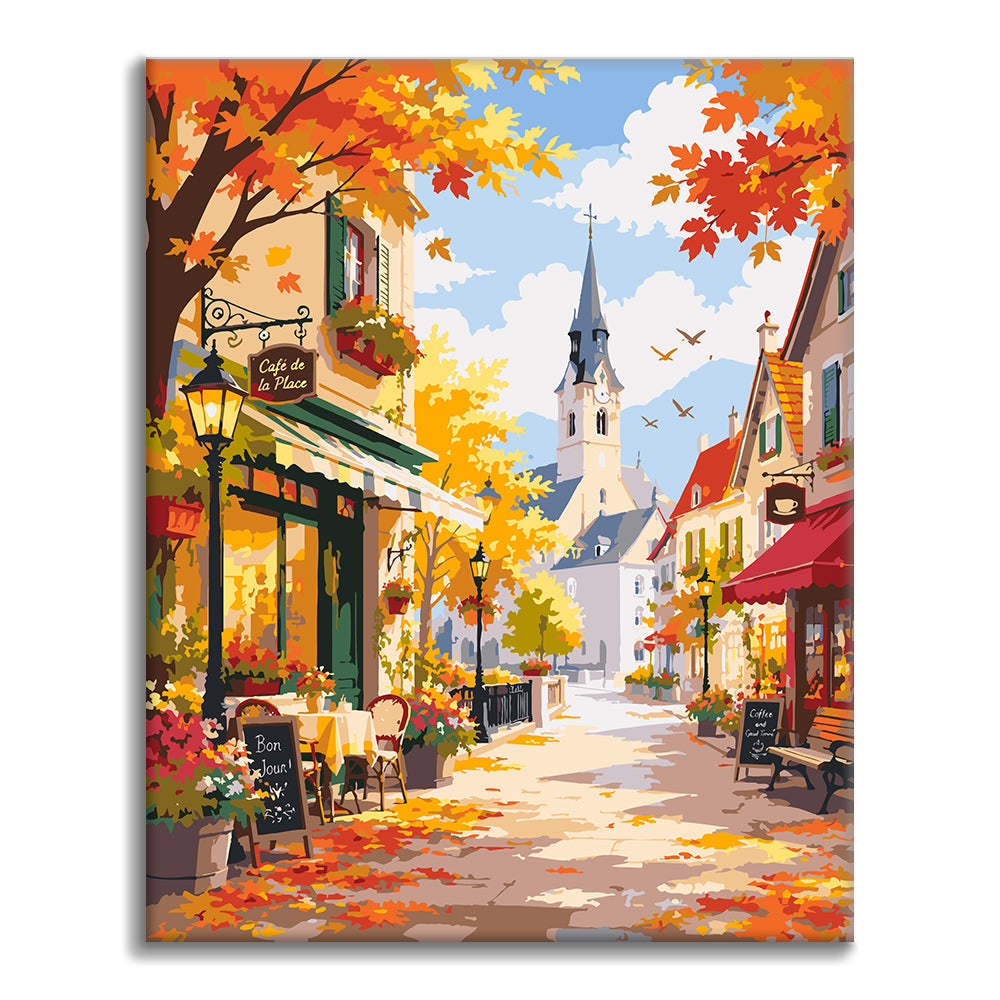 Sonnige Herbstcafé-Strasse – Malen nach Zahlen