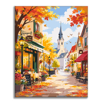 Sonnige Herbstcafé-Strasse – Malen nach Zahlen