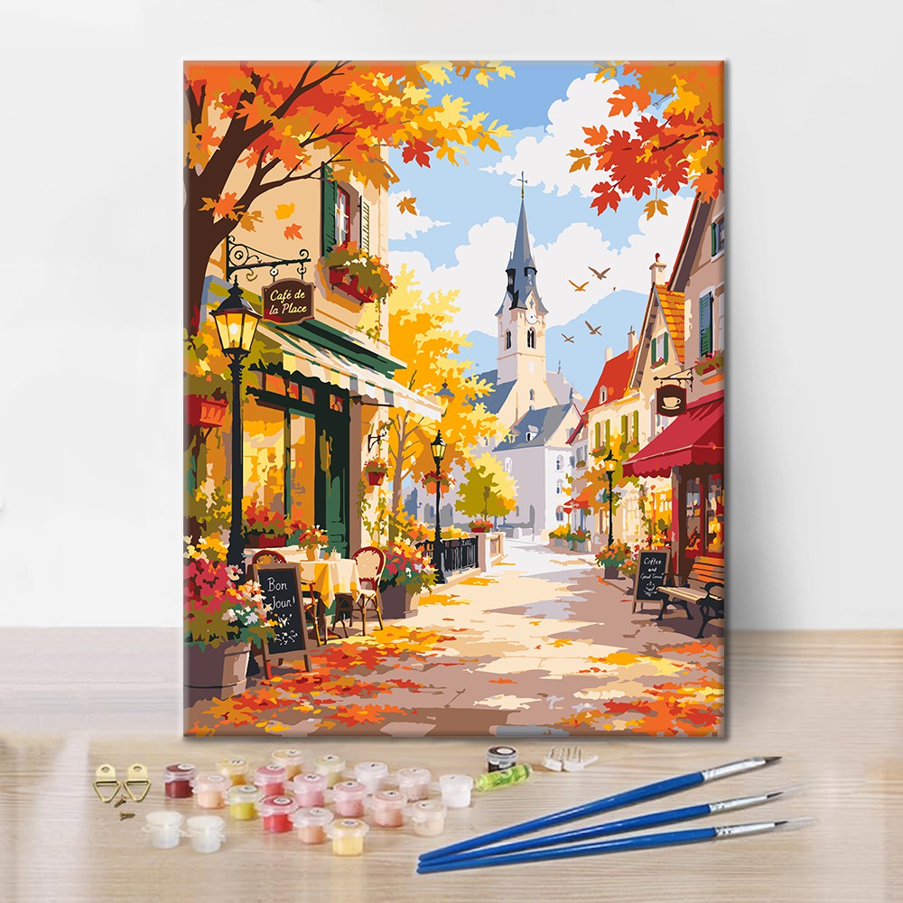 Sonnige Herbstcafé-Strasse – Malen nach Zahlen