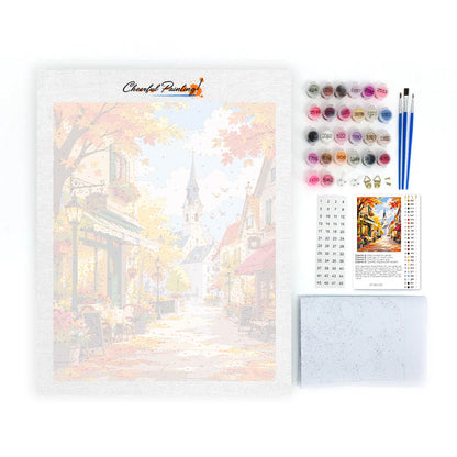 Sonnige Herbstcafé-Strasse – Malen nach Zahlen