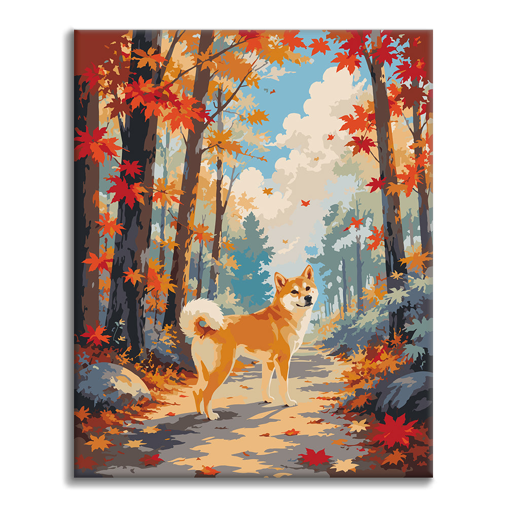 Shiba Inu im Herbstwald – Malen nach Zahlen