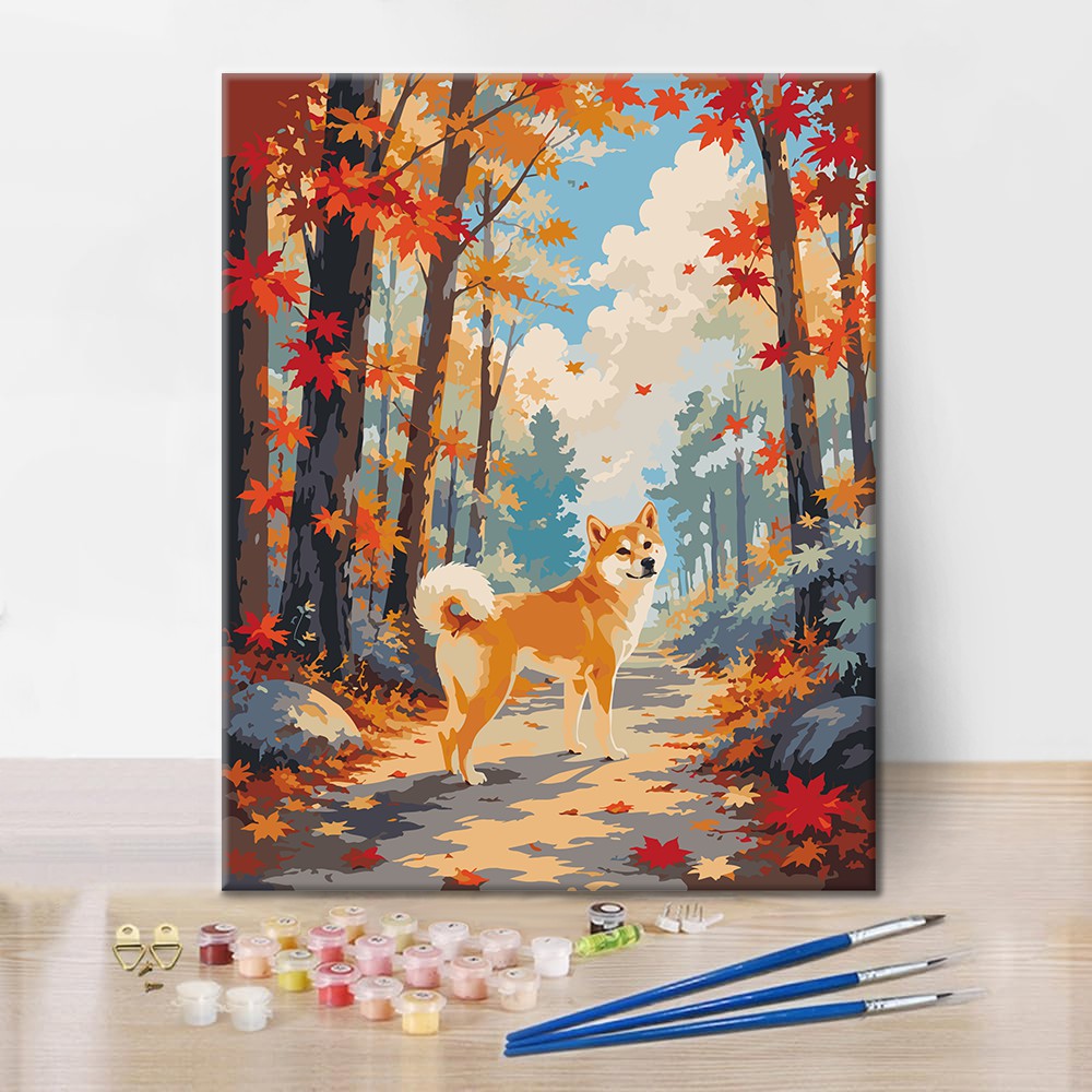 Shiba Inu im Herbstwald – Malen nach Zahlen