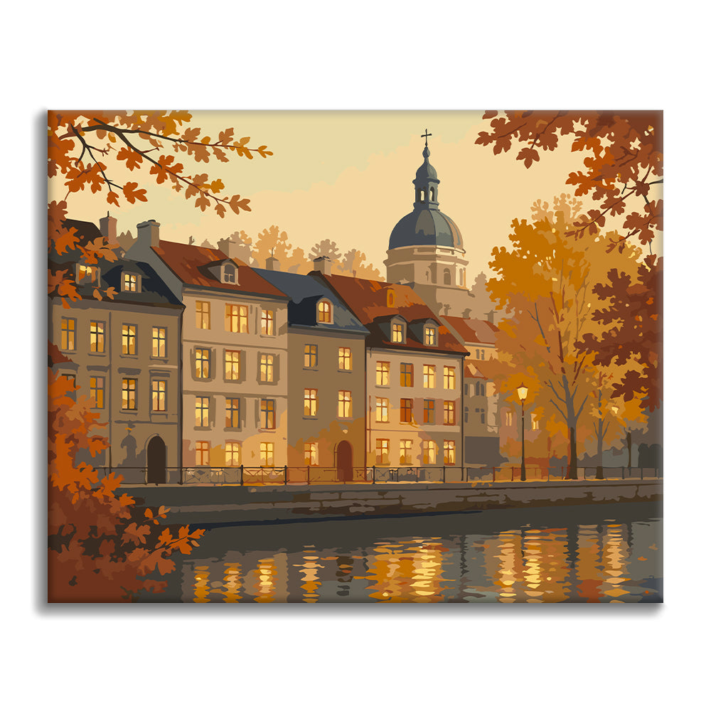 Historische Uferpromenade im Herbst – Malen nach Zahlen
