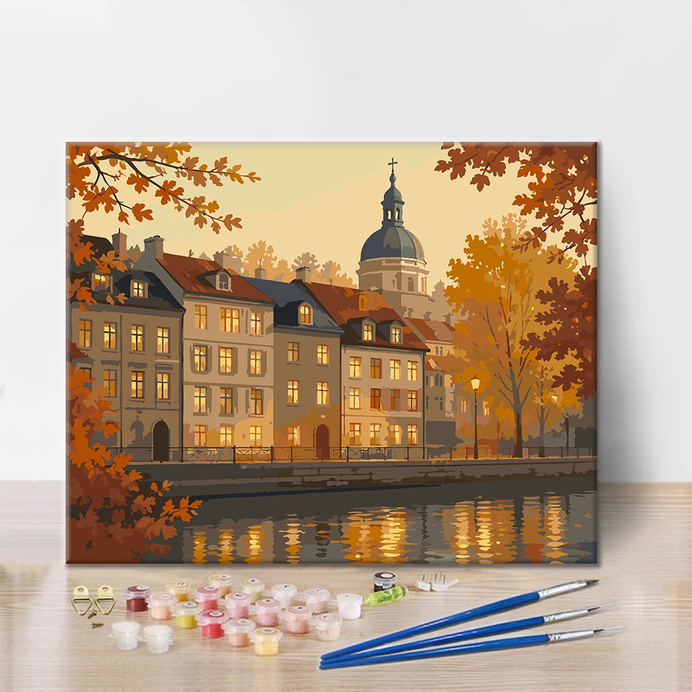 Historische Uferpromenade im Herbst – Malen nach Zahlen