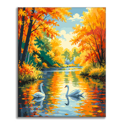 Schwäne auf Herbstfluss – Malen nach Zahlen